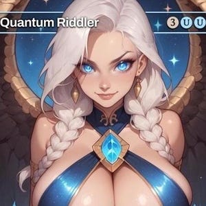May include: A trading card featuring the text Quantum Riddler with a character with long white braided hair, bright blue eyes, and gold earrings. The character wears a blue garment with a central blue gemstone and has large dark wings behind them.