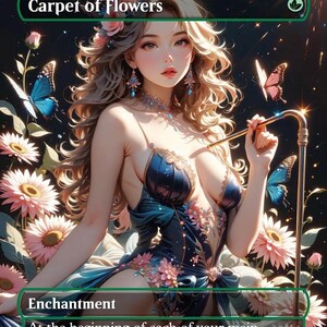 May include: A fantasy art card titled "Carpet of Flowers" featuring a woman in a blue and pink dress, holding a golden pipe. The card is an enchantment with text at the bottom. Butterflies and flowers surround the woman.