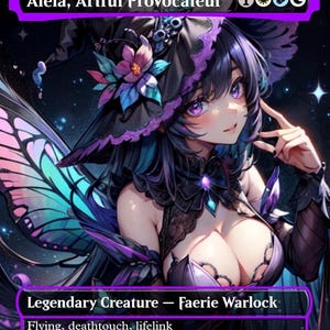 May include: A fantasy art card featuring Alela, Artful Provocateur. The character has purple eyes, dark hair, and fairy wings. The card text includes "Legendary Creature - Faerie Warlock" and abilities like flying and lifelink. The color scheme is dominated by purple and black.