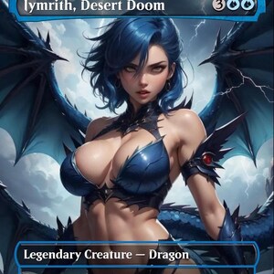 May include: A fantasy card featuring Iymrith, Desert Doom, a Legendary Creature Dragon. The artwork depicts a woman with blue hair and dragon wings, wearing blue armor. The card has a mana cost of 300 and the text "Flying".