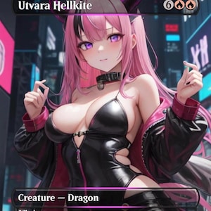 May include: A fantasy art card featuring a female dragon character named Utvara Hellkite. The character has pink hair, purple eyes, and wears a black outfit with a pink jacket. The card's text includes "Creature - Dragon" and "Flying".