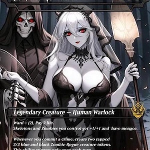 May include: A fantasy card featuring "Gisa, the Hellraiser." The artwork depicts a pale-skinned woman with white hair and red eyes, wearing a dark outfit. A skeletal figure is behind her. The card text includes "Legendary Creature - Human Warlock."