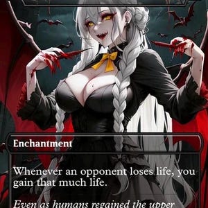 May include: A fantasy card titled "Exquisite Blood" features a vampire-like character with white hair, yellow eyes, and a black dress. The card includes the text "Enchantment" and flavor text about gaining life. Bats and red accents complete the dark aesthetic.