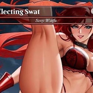 Puede incluir: Ilustración de estilo anime de una mujer con largo cabello rojo y ojos azules, vestida con un atuendo rojo y negro. La imagen incluye el texto "Deflecting Swat" y "Sexy Waifu" en un diseño tipo carta.