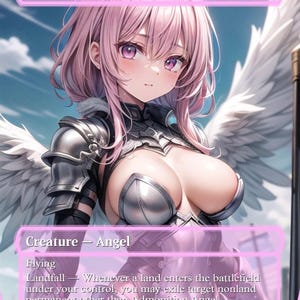May include: A fantasy card featuring an anime-style angel with pink hair and large white wings. The card is labeled "Admonition Angel" and includes game text describing its abilities. The artwork depicts the angel in silver armor.
