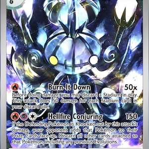 May include: A Mega Chandelure EX trading card featuring a dark, spectral character with glowing white and yellow accents. The card displays 350 HP, the attacks Burn It Down and Hellfire Conjuring, and includes detailed game text and symbols.