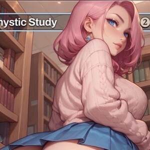 May include: A trading card featuring an illustration of a person with pink hair wearing a light pink cable-knit sweater and a blue pleated skirt. The text Rhystic Study is printed in the top left corner, with a mana cost symbol in the top right.