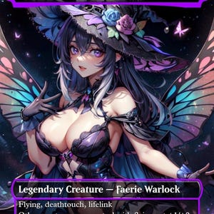 May include: A fantasy art card featuring "Alela, Artful Provocateur." The card depicts a female character with purple eyes, long dark hair, and butterfly wings. The card has text that reads "Legendary Creature - Faerie Warlock" and lists abilities like flying and deathtouch.