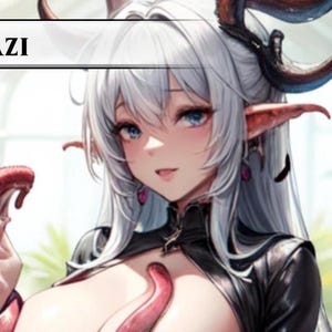 Könnte beinhalten: Digitale Illustration eines weiblichen Charakters mit weißen Haaren, blauen Augen und spitzen Ohren. Sie trägt ein schwarzes Outfit und hat rote Tentakel. Das Wort "ELDRAZI" wird in einem weißen Banner angezeigt.