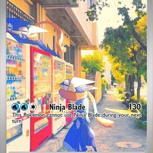 May include: A Greninja Pokémon trading card featuring the character in a blue and tan color scheme standing on a sidewalk next to red vending machines. The card displays the name Greninja, 150 HP, the Ninja Blade attack, and game statistics.