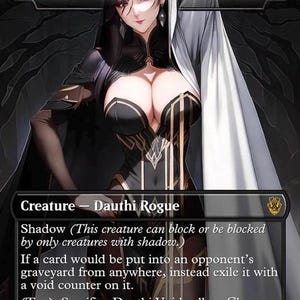 May include: A Magic: The Gathering card featuring a female character named "Dauthi Void." The card has a black and gold color scheme with text describing the creature's abilities. The artwork depicts a woman in a dark outfit with a white cape.
