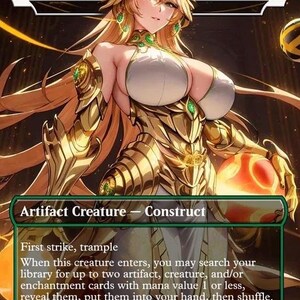 May include: A fantasy card featuring a golden-armored female figure with long blonde hair and green accents. The card is labeled "Brightglass C" and "Artifact Creature - Construct." Text includes game instructions and a quote: "A new day dawns for Avishkar, and we shall draw our power from its light."