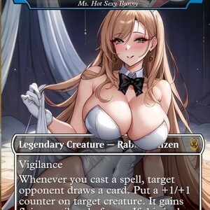 May include: A trading card featuring "Ms. Bumbleflower" with the text "Ms. Hot Sexy Bunny." The card depicts a cartoon woman with long blonde hair, wearing a white outfit and a black bow tie. The card is labeled "Legendary Creature - Rab Azen."