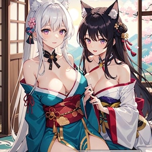 Può includere: Illustrazione in stile anime di due donne in abiti tradizionali giapponesi. Le donne indossano kimono turchese e bianchi con dettagli floreali. Il testo "SAMURAI" e "Token Creature - Samurai" è visibile.