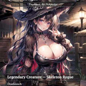 May include: A fantasy card titled "Gothic Cowgirl" featuring an anime-style illustration of a woman in a gothic outfit. The card text reads "Legendary Creature - Skeleton Rogue" and includes the text "Deathtouch". The artwork depicts a woman with long dark hair and a hat.