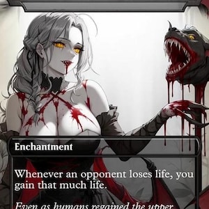 Può includere: Carta fantasy "Exquisite Blood" con una donna dalla pelle pallida, occhi gialli e sangue. A destra un mostro con denti affilati e sangue che gocciola. Il testo della carta recita "Enchantment".