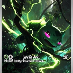 Könnte beinhalten: Eine Bulbasaur-Sammelkarte mit einer grünen Kreatur mit rosa Augen, die auf einem dunklen Ast sitzt. Die Karte zeigt 70 KP, ein Pflanzen-Energiesymbol und den Angriffstext Leech Seed Heal 20 damage from this Pokémon.