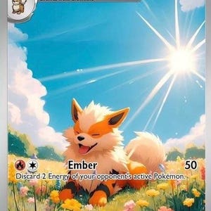 May include: A collectible trading card featuring the orange and cream-colored Arcanine Pokémon sitting in a field of colorful wildflowers under a bright sun. The card displays the name Arcanine, 90 HP, and the Ember attack text at the bottom.