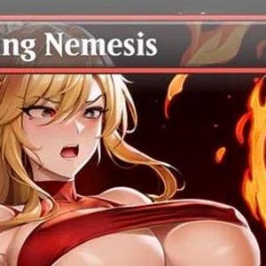 May include: Anime-style illustration of a woman with long blonde hair and red attire. The image features the text "Screaming Nemesis" at the top. Flames and a fiery effect are present in the background, with a red and white color scheme.