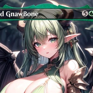 May include: Digital illustration of a fantasy character with green hair, pointed ears, and horns. The character has large wings and is wearing a green outfit. The text "Old GnawBone" is displayed above the character.