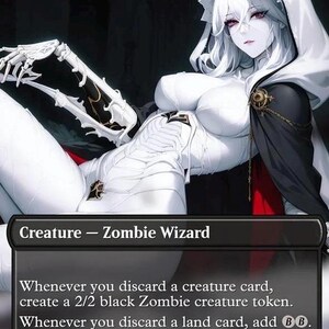 May include: A Magic: The Gathering card named "Bone Miser" with an illustration of a pale female figure in white and black attire. The card text details creature and land discard effects. The card is a Zombie Wizard.