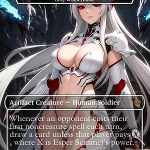 May include: A Magic: The Gathering card featuring a female anime character, the Esper Sentinel. The card has a white, red, and black color scheme. Text on the card includes "Esper Sentinel" and "Artifact Creature - Human Soldier."