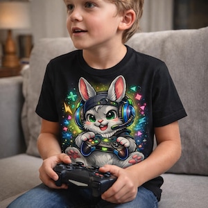 Könnte beinhalten: Schwarzes T-Shirt mit einem Cartoon-Hasen, der ein Headset trägt und einen Gamecontroller hält. Der Hase hat grüne Augen und ist von bunten Grafiken umgeben. Das T-Shirt wird von einem Kind getragen.