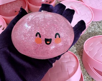 Rare Pink Blush Glitter Squishy Dumpling in pink toy steamer.