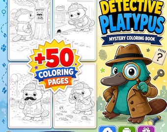 May include: A Detective Platypus mystery coloring book cover featuring a teal platypus in a brown trench coat and fedora holding a magnifying glass. The cover includes four black and white coloring page samples and the text +50 coloring pages.