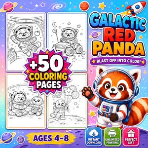Op de afbeelding: Een digitaal kleurboek getiteld Galactic Red Panda met 50 kleurplaten met een rode panda als astronaut. De omslag toont een kleurrijke rode panda in een ruimtepak, een raket, planeten en tekst waaronder +50 Coloring Pages, Blast Off Into Color en Ages 4-8.