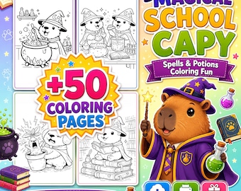 May include: A digital coloring book cover titled Magical School Capy Spells & Potions Coloring Fun featuring a capybara wizard in a purple robe and hat holding a wand and potion. Includes 50 coloring pages for ages 4-8 with illustrations of capybaras in a magical school setting.