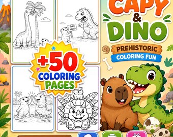 May include: A digital coloring book cover titled Capy & Dino Prehistoric Coloring Fun featuring a brown capybara and a green dinosaur. The image displays four black and white coloring page samples, a yellow starburst with +50 Coloring Pages text.