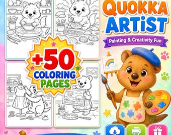 May include: A digital coloring book cover titled Quokka Artist featuring four black and white line art illustrations of a quokka engaged in creative activities, a cartoon quokka holding a paintbrush and palette, and the text +50 coloring pages.