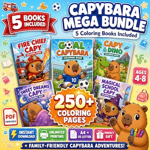 May include: A Capybara Mega Bundle featuring 5 coloring books titled Fire Chief Capy, Goal Capybara, Capy & Dino, Sweet Dreams Capy, and Magical School Capy. The set includes 250+ coloring pages, is PDF printable, and supports A4 and US Letter sizes.