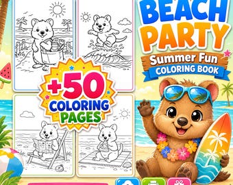 May include: A Beach Party Summer Fun coloring book featuring a brown quokka wearing blue sunglasses and a colorful flower lei while holding a surfboard. The cover displays four black and white coloring pages and the text +50 coloring pages.