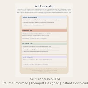 May include: A digital educational worksheet titled Self Leadership, detailing Internal Family Systems concepts. It features four color-coded sections: What is Self Leadership, Qualities of Self, When Self Leads, and Gentle Reflection with prompts.