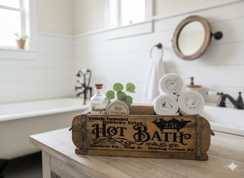 May include: A rectangular wooden crate with metal accents featuring the black printed text Hot Bath, Towels Included, Toiletries Extra, and price listings. It holds a glass shampoo bottle, a shaving cream tin, a bar of soap, and three white towels.