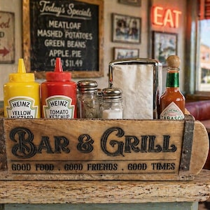 May include: A wooden condiment caddy with the text Bar & Grill and Good Food, Good Friends, Good Times. It holds yellow mustard, tomato ketchup, salt and pepper shakers, a napkin dispenser, and hot sauce. The caddy has metal corner brackets.