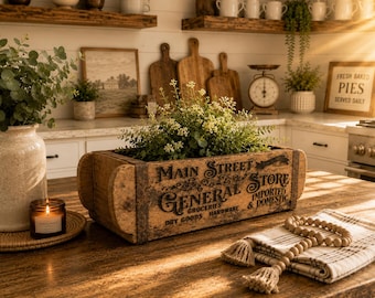 May include: A rectangular wooden brick mold planter featuring dark metal bands and black printed text that reads Main Street General Store, Imported & Domestic, Groceries, Dry Goods, Hardware. The box is filled with small green leafy plants.
