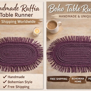 Könnte beinhalten: Zwei Bilder eines handgefertigten Tischläufers aus Raffia in tiefem Lila, mit Fransen. Der Text "Handmade Raffia Table Runner" und "Boho Table Runner" sind zu sehen. Der Läufer ist oval und liegt auf einer hellen Holzoberfläche.