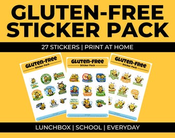 Pode incluir: Um conjunto de autocolantes sem glúten com um design amarelo e preto. Os autocolantes apresentam abelhas de desenhos animados e textos como "Aprovado sem glúten" e "Lanches seguros dentro". O texto "GLUTEN-FREE STICKER PACK" está no topo.