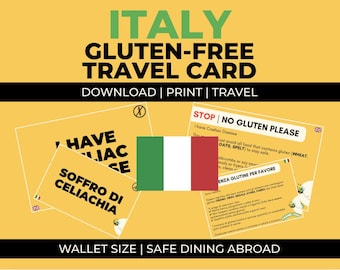 Cartão de Viagem Sem Glúten para a Itália | Cartão de Tradução para Celíacos em Italiano | Cartão de Alergia Celíaca para a Itália | Cartão de Restaurantes Sem Glúten | Download Imediato