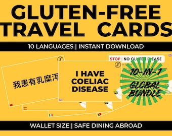 Pode incluir: Cartões de viagem amarelos com texto em vários idiomas, incluindo "Gluten-Free Travel Cards" e "I Have Coeliac Disease". Os cartões são projetados para refeições seguras no exterior.