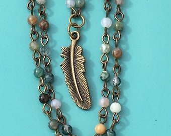 Brass Feather Necklace w Jasper Stone Beaded Chain