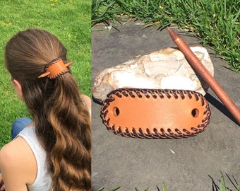 Stitched Leather and Arrow Hair Slide, Handmade and Reclaimed
