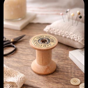 May include: A light brown wooden thread spool, featuring the text "J & P Coats Best Six Cord". The spool is on a wooden surface, with other sewing items such as a pin cushion and scissors in the background.
