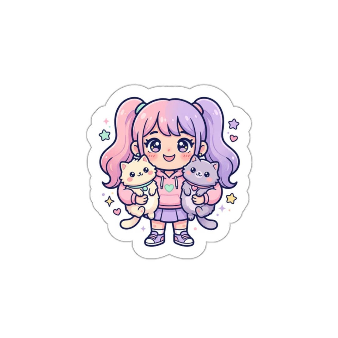 Kawaii Girl With Cats Die-cut Sticker | Pastel Anime Vinyl Decal - Etsy