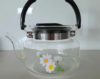 Vintage KjF Tempered Glass Direct Heat Kettle with Daisies - Large Capacity