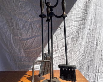 1960's Fireplace Tool Set, Dark Iron with Brass-Toned Handles