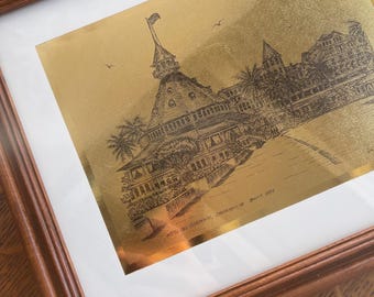 Vintage Hotel del Coronado Gold Foil Framed Art | 1887 Coronado California Illustration